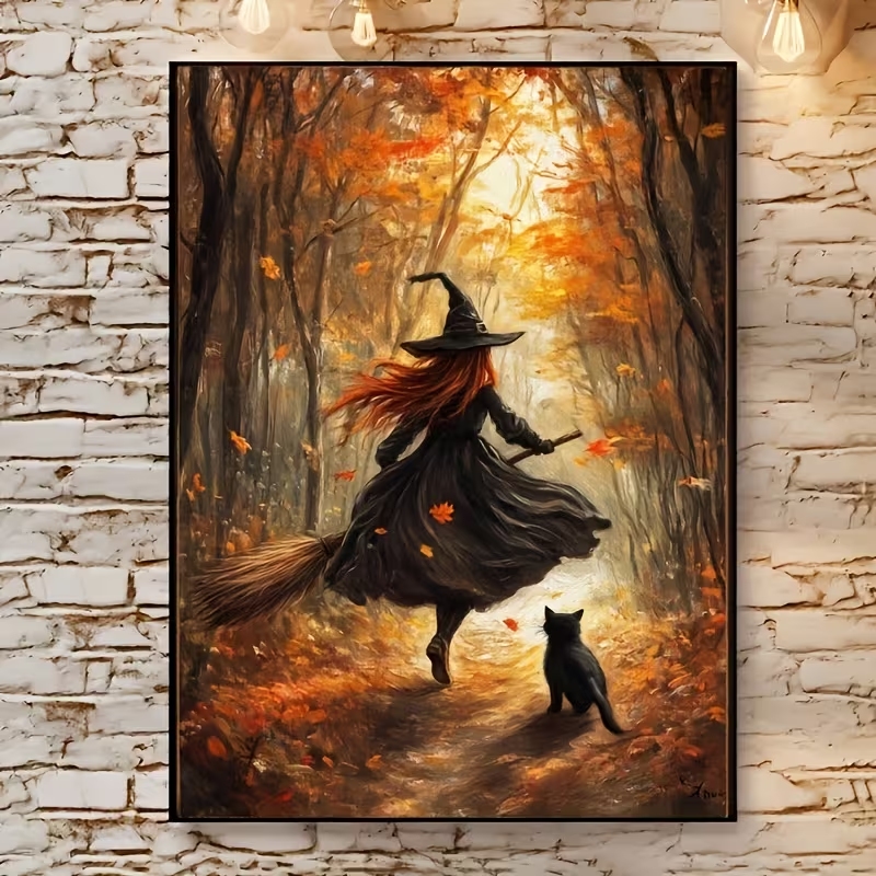 Photography Gallery - Retro Alloween Autumn Witch On Broomstick