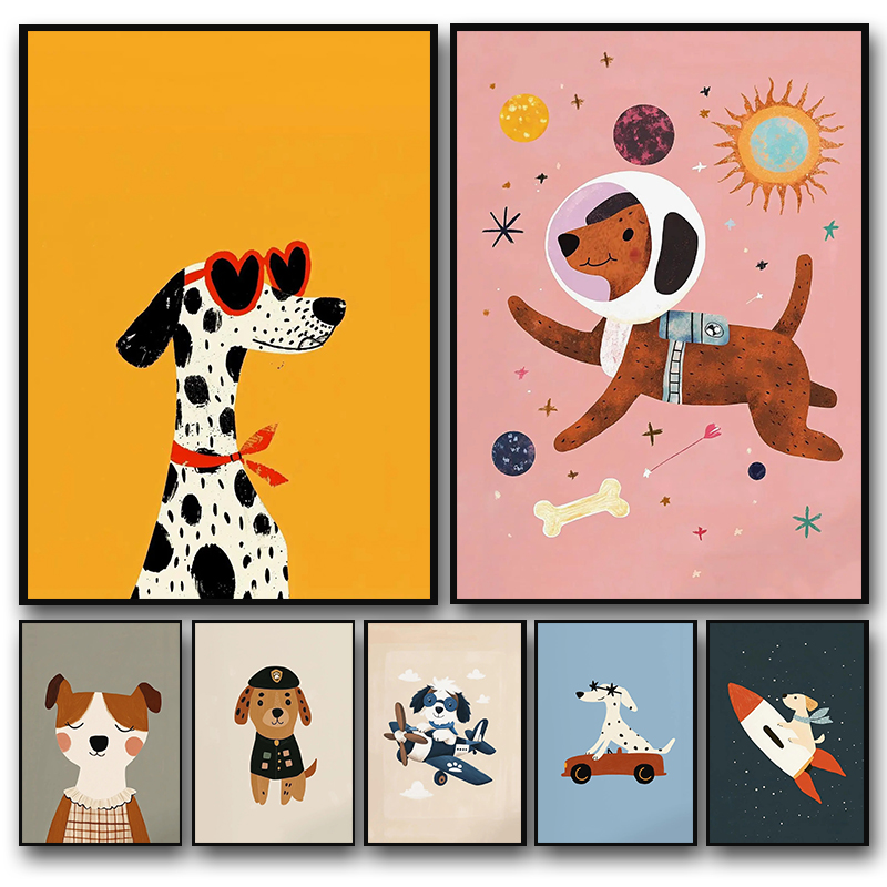 Photography Pose - Colorful Cartoon Dog Illustrations Poster Canvas