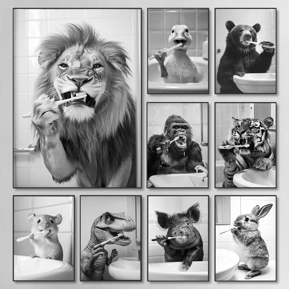 Photography Pose - Black White Funny Bathroom Brushing Teeth